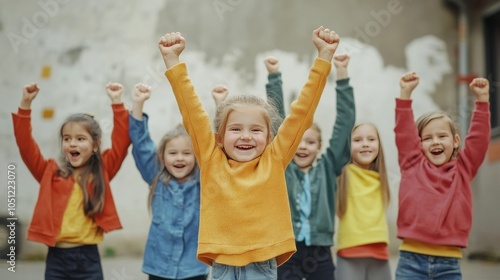 Fototapeta Naklejka Na Ścianę i Meble -  Happy kids celebrating victory on street wall