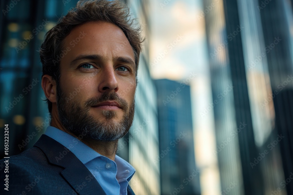 Obraz premium Confident businessman portrait, modern city background.