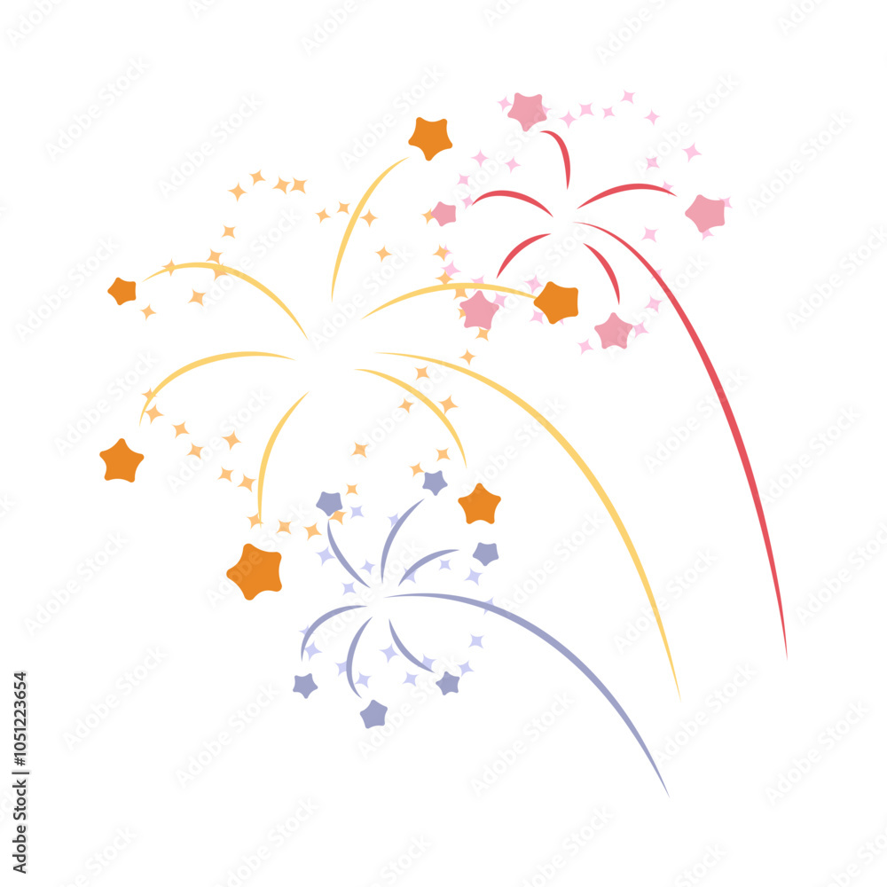 Fototapeta premium Sparkling firecracker explosion, vector cartoon bursting fireworks with colorful stars and sparks, festive background
