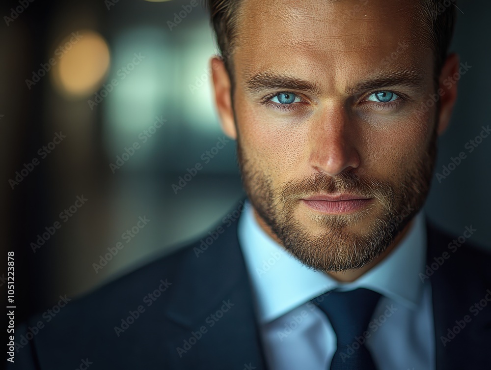 Confident businessman with striking blue eyes in a smart suit. Confident businessman with striking blue eyes in a smart suit.