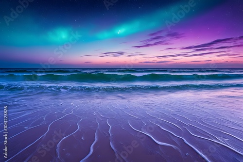A dreamlike beach with sand in shades of violet and teal with waves of liquid silver under a sky, Ai Generated