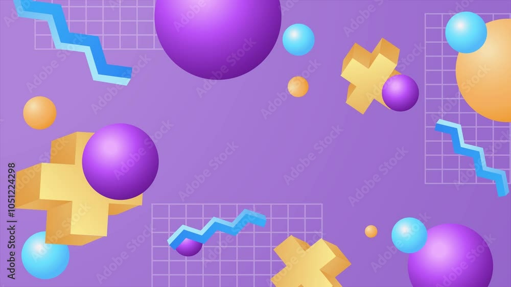 Colorful abstract geometric shapes on vibrant purple background seamless 4k video background motion pop art design Colorful abstract geometric shapes on vibrant purple background seamless 4k video background motion pop art design
