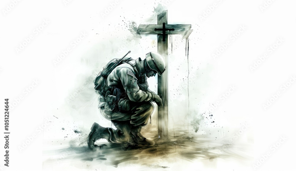 A digital painting of a soldier kneeling in prayer by a wooden cross, symbolizing honor and faith. Religious and spiritual concepts. A digital painting of a soldier kneeling in prayer by a wooden cross, symbolizing honor and faith. Religious and spiritual concepts.