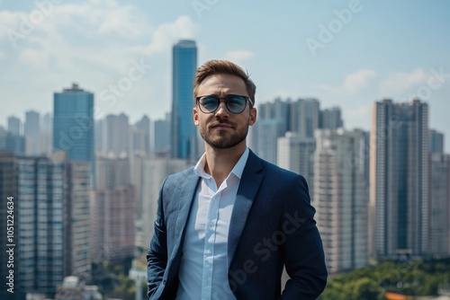 Confident man in sunglasses standing in front of a city skyline.