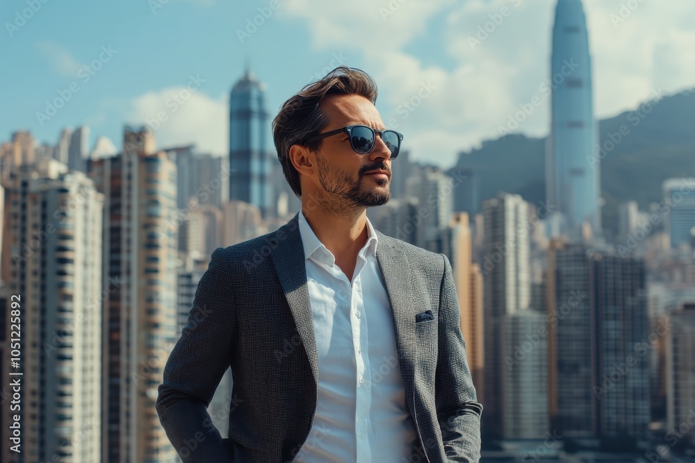 Stylish man in sunglasses stands confidently against a city skyline. Stylish man in sunglasses stands confidently against a city skyline.