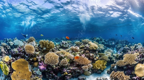 Wallpaper Mural A vibrant coral reef teeming with life, showcasing a diverse array of colorful corals and fish beneath a rippling surface. Torontodigital.ca