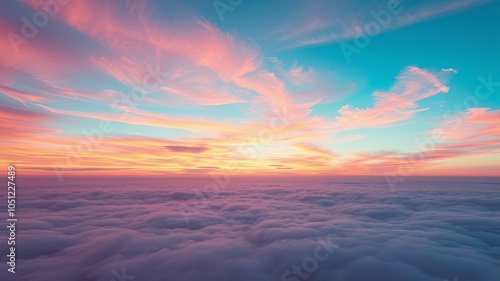 A Breathtaking View of the Sun Setting Over a Sea of Clouds, Illuminating the Sky with Hues of Pink, Orange, and Blue