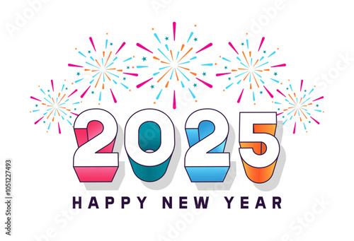 Happy new year 2025 background. 3d text, explosion of fireworks in white background. For seasonal holiday web banners, flyers and festive posters