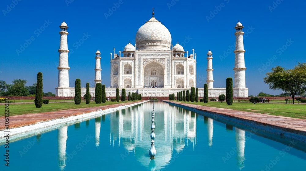 Naklejka premium Taj Mahal Reflection India Travel Architecture Landmark Historic Building World Her