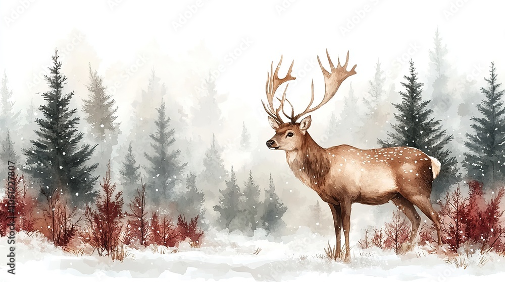 seamless pattern with deer standing in snowy winter forest, representing beautiful nature landscape, perfect for Christmas or New Year concepts, designed in watercolor style for print.stock photo seamless pattern with deer standing in snowy winter forest, representing beautiful nature landscape, perfect for Christmas or New Year concepts, designed in watercolor style for print.stock photo