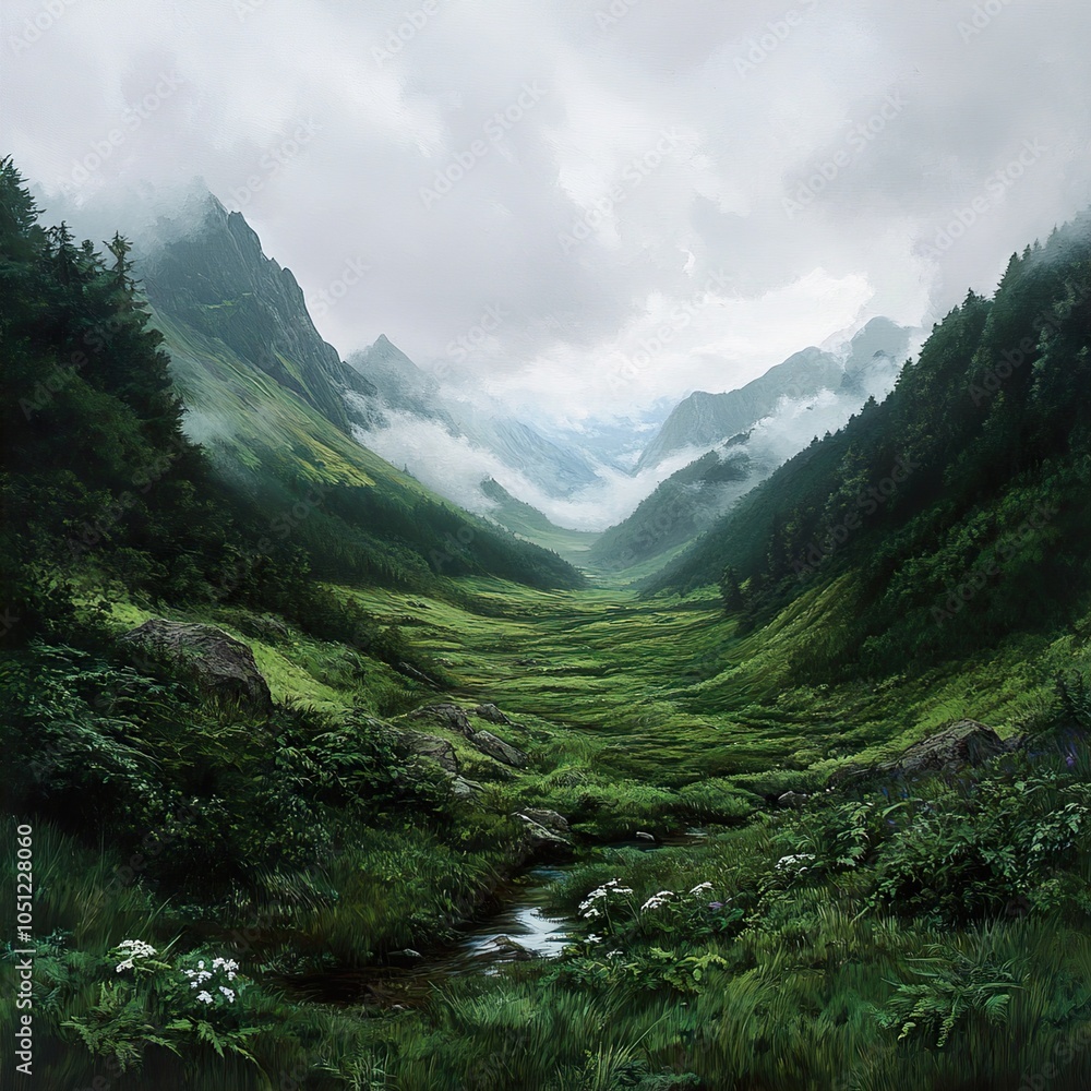 Fototapeta premium Serene Mountain Valley with Foggy Peaks and Lush Greenery