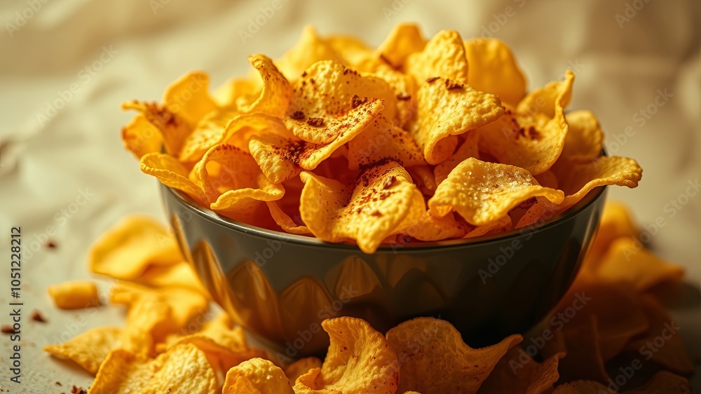 A bowl overflowing with crispy, golden chips, dusted with a hint of spice, their irregular shapes and textures hinting at a delightful crunch. A bowl overflowing with crispy, golden chips, dusted with a hint of spice, their irregular shapes and textures hinting at a delightful crunch.
