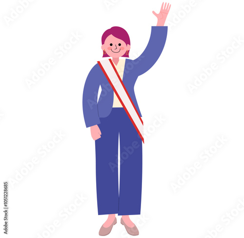 パンツスーツを着てパンプスを履いた女性が選挙の襷をかけて手を振る全身のイラスト