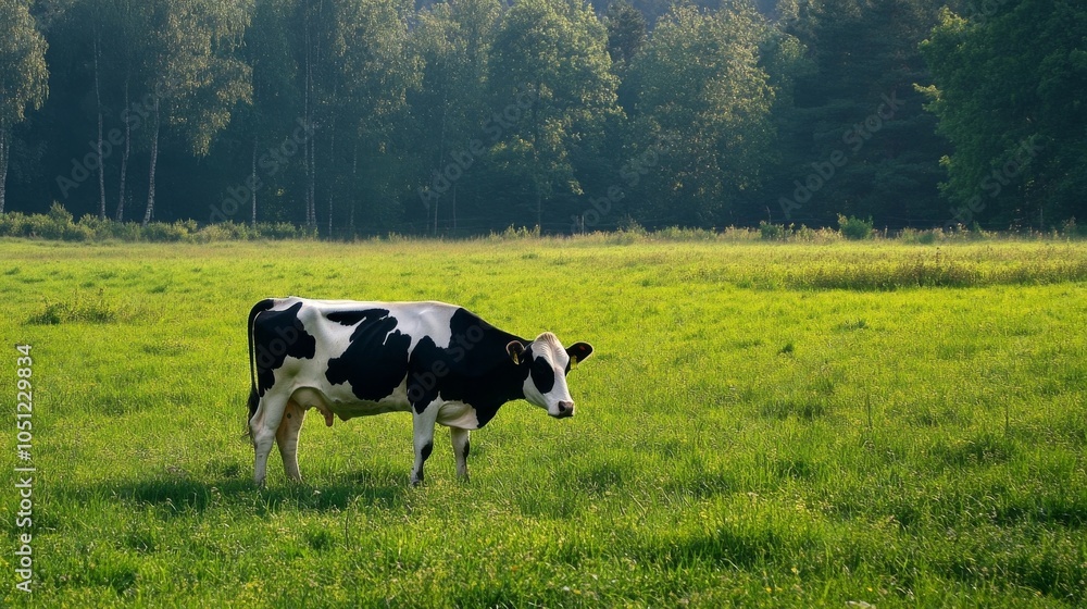 Fototapeta premium Cow in field with trees.