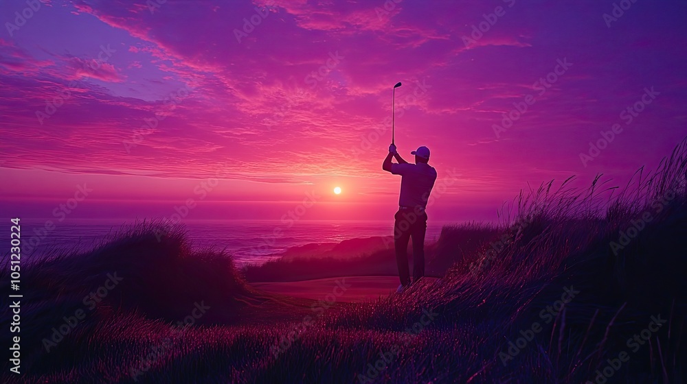 Fototapeta premium silhouette of man playing golf at sunset, against vibrant purple sky.