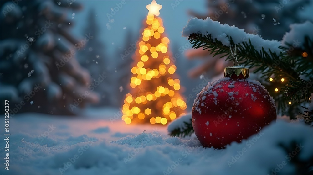 A festive illustration of a decorated Christmas tree in the snow, adorned with ornaments and a glowing candle, capturing the spirit of the holiday season A festive illustration of a decorated Christmas tree in the snow, adorned with ornaments and a glowing candle, capturing the spirit of the holiday season