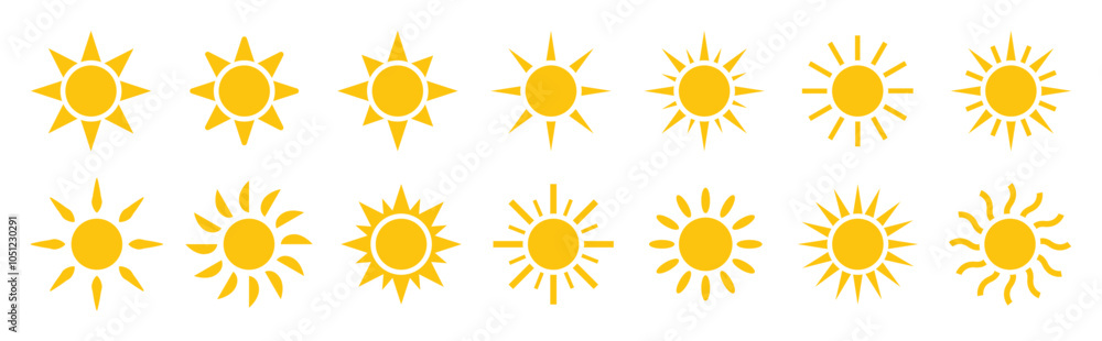 Sun icon set. Yellow sun star icons collection. Sunshine, sunset collection, summer, sunlight – stock vector Sun icon set. Yellow sun star icons collection. Sunshine, sunset collection, summer, sunlight – stock vector