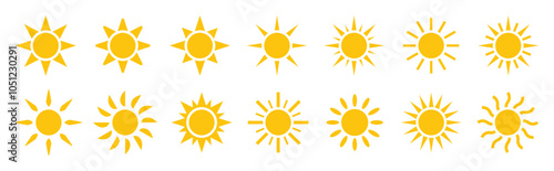 Sun icon set. Yellow sun star icons collection. Sunshine, sunset collection, summer, sunlight – stock vector