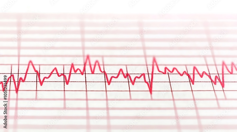 A graphical representation of a heart rate monitor displaying fluctuating electrical activity, typical in medical diagnostics. A graphical representation of a heart rate monitor displaying fluctuating electrical activity, typical in medical diagnostics.