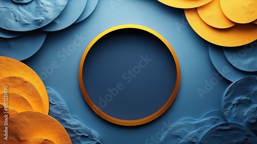 simple flat design featuring golden frame on blue background with dark blue geometric center for elegant style illustrations.stock photo