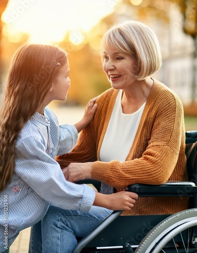 aidante familiale, aide à une mère ou grand mère en fauteuil roulant en ia