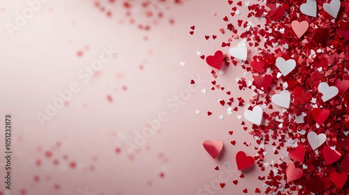 Colorful heart-shaped confetti spread across a soft pink background, creating a festive and romantic atmosphere, perfect for celebrations and special occasions.