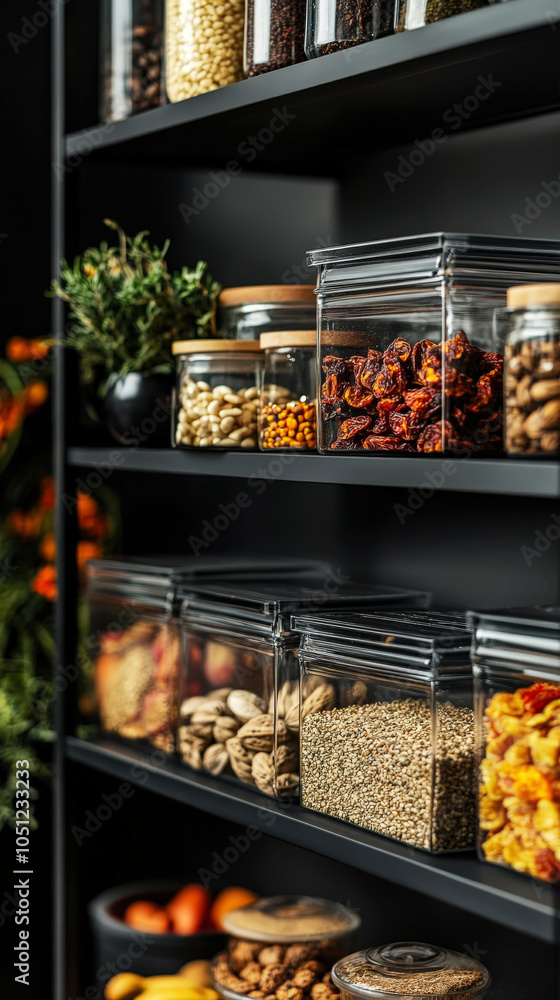 Aesthetic black pantry with transparent jars for storing food. The organization and storage concept. Generative AI Aesthetic black pantry with transparent jars for storing food. The organization and storage concept. Generative AI