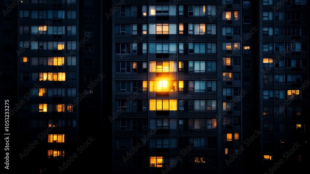 A single, brilliantly lit window in a tall, dark skyscraper, symbolizing life and activity in a quiet night cityscape A single, brilliantly lit window in a tall, dark skyscraper, symbolizing life and activity in a quiet night cityscape