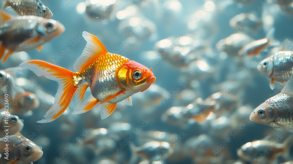 A single goldfish swims freely in a tank filled with hundreds of silver fish, emphasizing the beauty of standing out in a crowd. goldfish and silver fish, symbolism of uniqueness A single goldfish swims freely in a tank filled with hundreds of silver fish, emphasizing the beauty of standing out in a crowd. goldfish and silver fish, symbolism of uniqueness