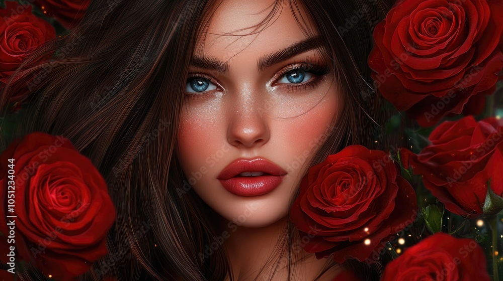 Naklejka premium Woman surrounded by red roses