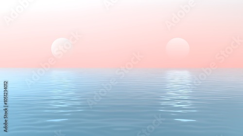 A serene seascape at dawn, featuring two soft suns rising above calm waters, bathed in pastel hues of pink and blue.