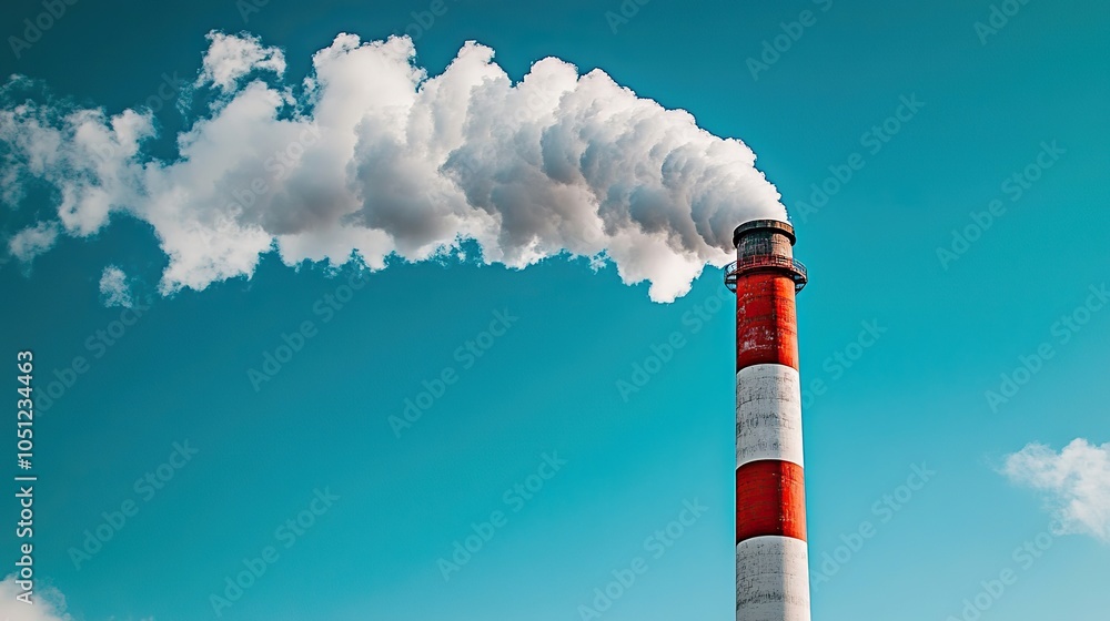 smokestack emitting white and gray clouds of smoke into clear blue sky, representing air pollution. smokestack emitting white and gray clouds of smoke into clear blue sky, representing air pollution.