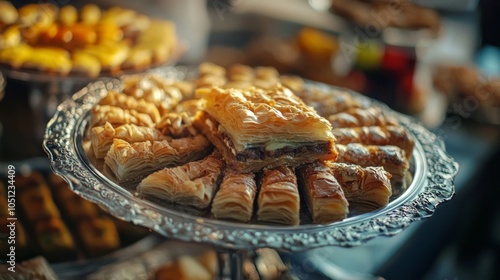 Sweet treats on a silver tray, with baklava and tamarind snacks. photo