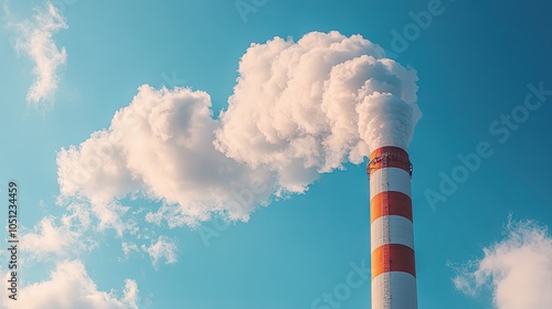 smokestack emitting white and gray clouds of smoke into clear blue sky, representing air pollution.illustration