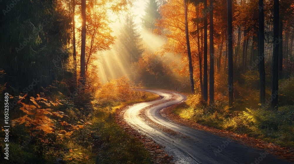 Obraz premium A winding road through an autumn forest with sunbeams shining through the trees.