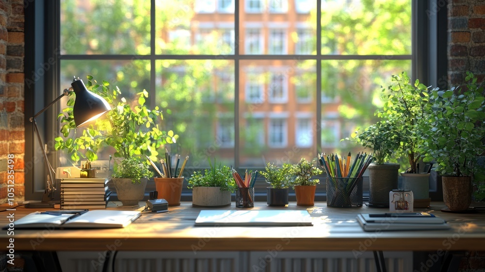 A Desk by a Window with Plants, Books, and Writing Supplies A Desk by a Window with Plants, Books, and Writing Supplies