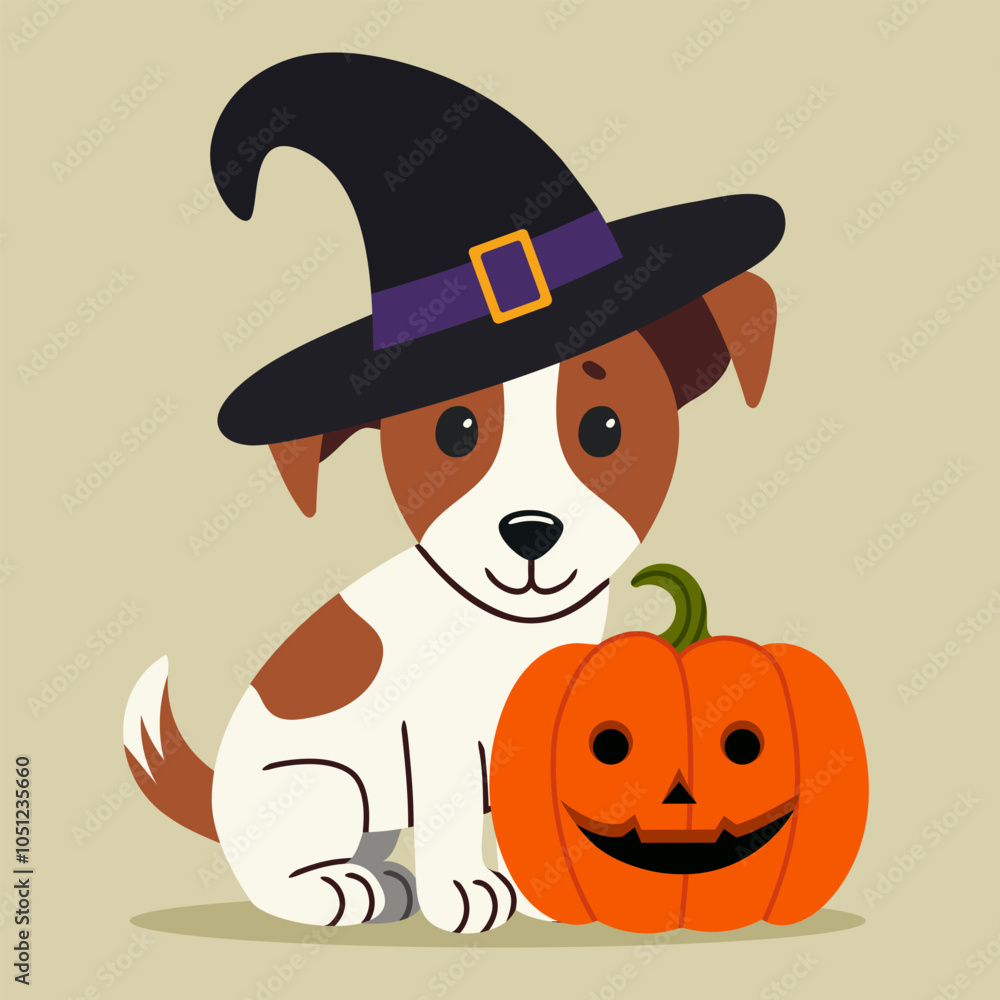 Cute jack russell dog in a witchs hat and with a pumpkin. Halloween flat illustration Cute jack russell dog in a witchs hat and with a pumpkin. Halloween flat illustration