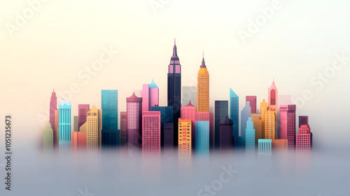 A vibrant skyline featuring a blend of architectural styles, illuminated in pastel colors against a soft, ethereal backdrop. Perfect for themes of urban life and modernity. photo