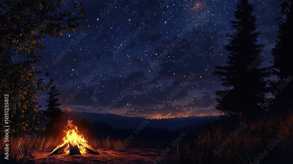 Exploring the wilderness in summer. A glowing camp fire at dusk providing comfort and light to appreciate nature, good times and the night sky full of stars. Photo composite. Exploring the wilderness in summer. A glowing camp fire at dusk providing comfort and light to appreciate nature, good times and the night sky full of stars. Photo composite.
