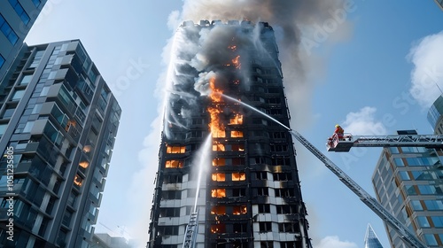 Firefighters battle a blaze in a high-rise apartment building.