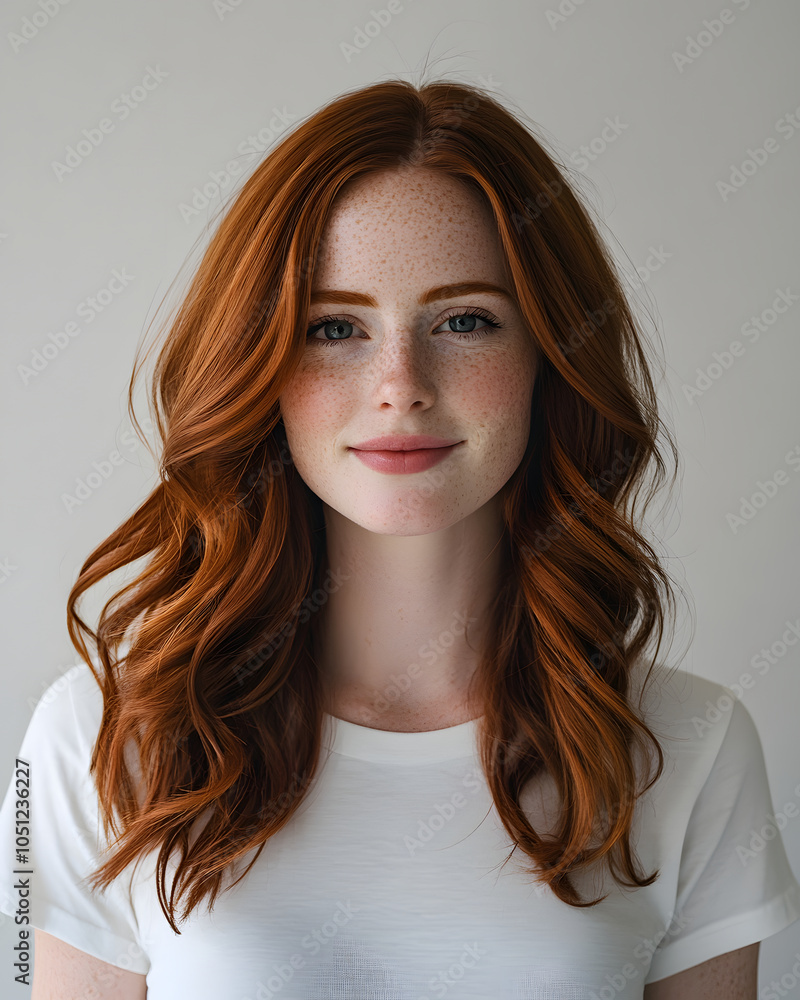 A close-up portrait of a young woman with wavy red hair and freckles, smiling softly against a neutral background. A close-up portrait of a young woman with wavy red hair and freckles, smiling softly against a neutral background.