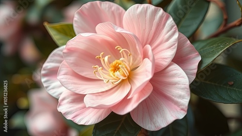 A delicate pink flower with a vibrant yellow center blooms amidst lush green foliage, showcasing the captivating beauty of nature's artistry.