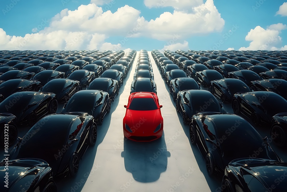 Fototapeta premium Black and red sports cars amongst many white cars 3D Illustration