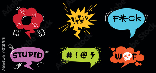 Set of hand drawn illustrations of colorful cloud bubbles, swearing, cursing on black background