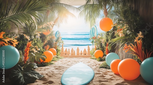 Tropical surfing paradise with lush palms and vibrant colors