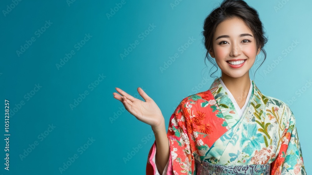 Smiling young Asian woman gesturing traditional greeting isolated over blue background Smiling young Asian woman gesturing traditional greeting isolated over blue background