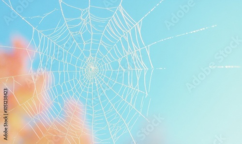 Intricate Spider Web Against Autumn Leaves and Clear Sky photo