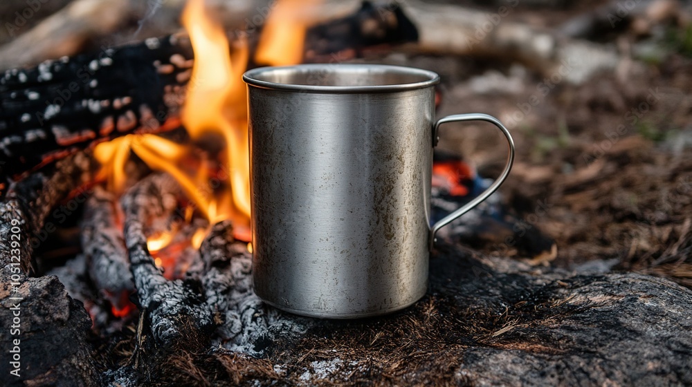 Metal cup with fresh coffee near campfire. Breakfast at nature. Summer camp and hiking Metal cup with fresh coffee near campfire. Breakfast at nature. Summer camp and hiking
