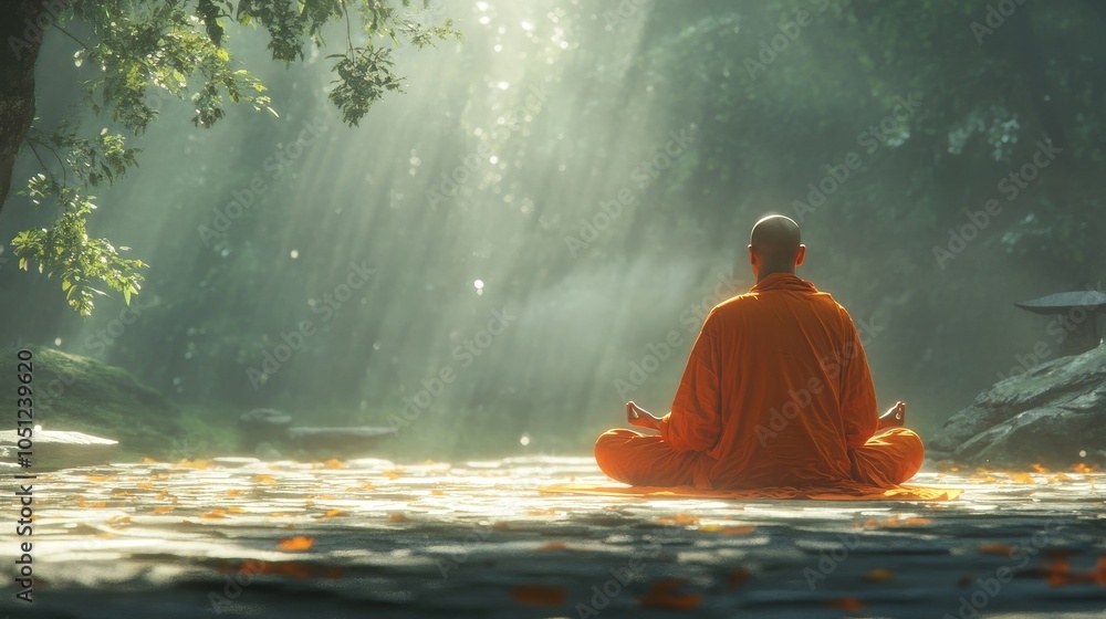 A peaceful monk in deep meditation sitting cross sunlight A peaceful monk in deep meditation sitting cross sunlight