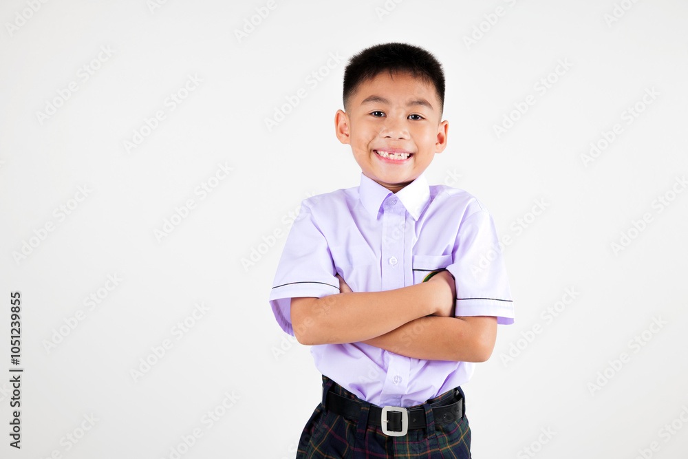 Portrait smiling Asian little boy primary posing with arms folded studio shot isolated white background, happy cute man kid wear school uniform crossed arms, back to school concept Portrait smiling Asian little boy primary posing with arms folded studio shot isolated white background, happy cute man kid wear school uniform crossed arms, back to school concept